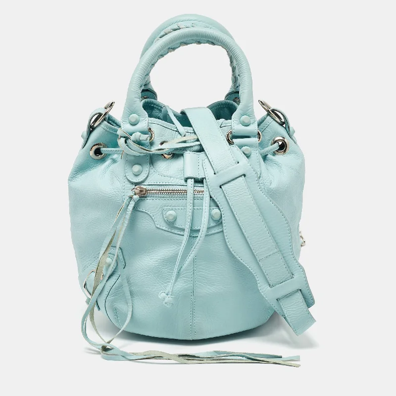 Embroidered hobo bag with intricate beadwork for a unique appearanceBalenciaga Light Blue Leather Pompon Gsh Hobo