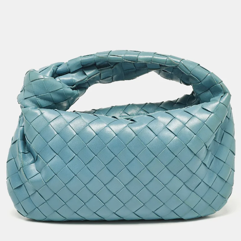 Leatherette hobo bag with a quilted pattern for a sophisticated touchBottega Veneta Teal Blue Intrecciato Leather Mini Jodie Hobo