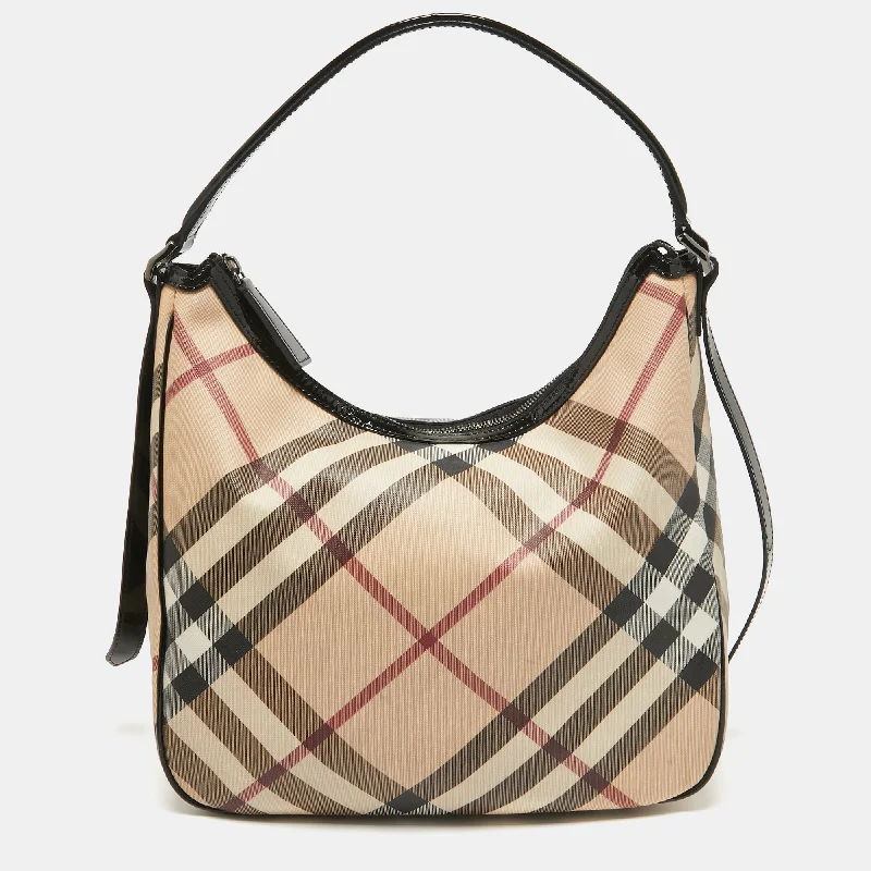 Hobo bag with a tassel - trimmed strap for a playful touchBurberry Black/beige Nova Check Coated Canvas And Patent Leather Moore Hobo