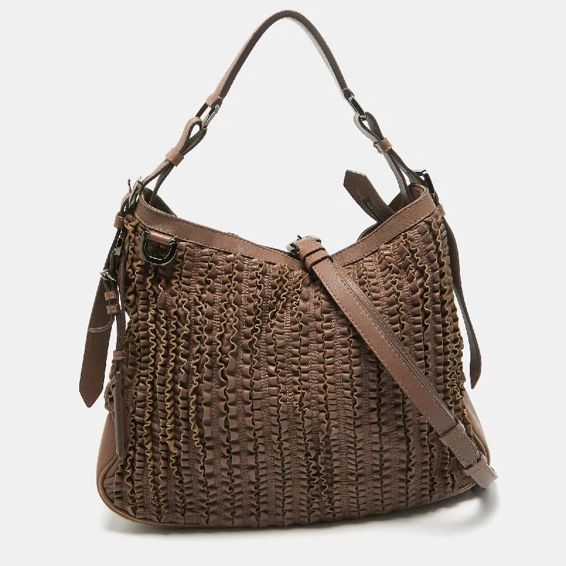 Soft suede hobo bag in a warm earth - tone color for autumnBurberry Dark Beige Leather Ruffled Lowry Hobo