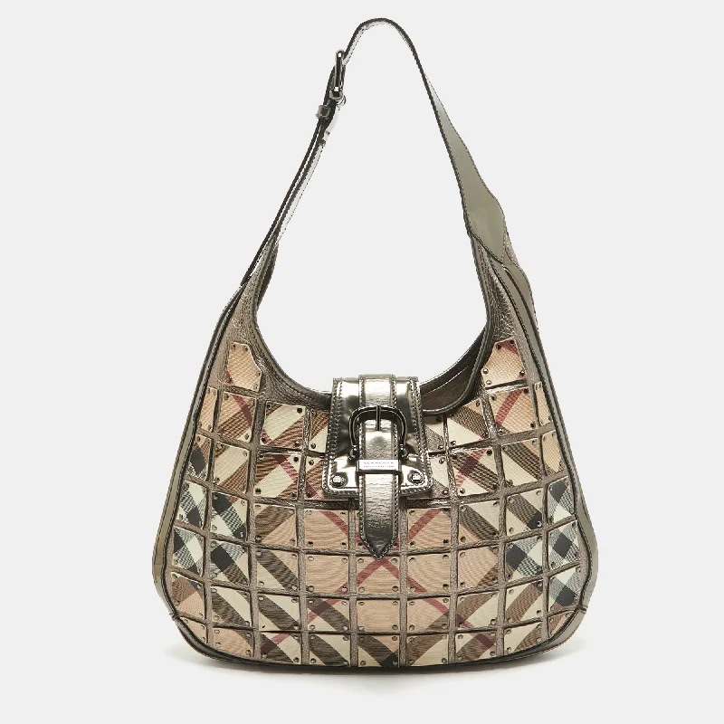 Canvas hobo bag with a colorful patchwork design for a bohemian styleBurberry Metallic/beige Nova Check Canvas And Leather Studded Brooke Warrior Hobo