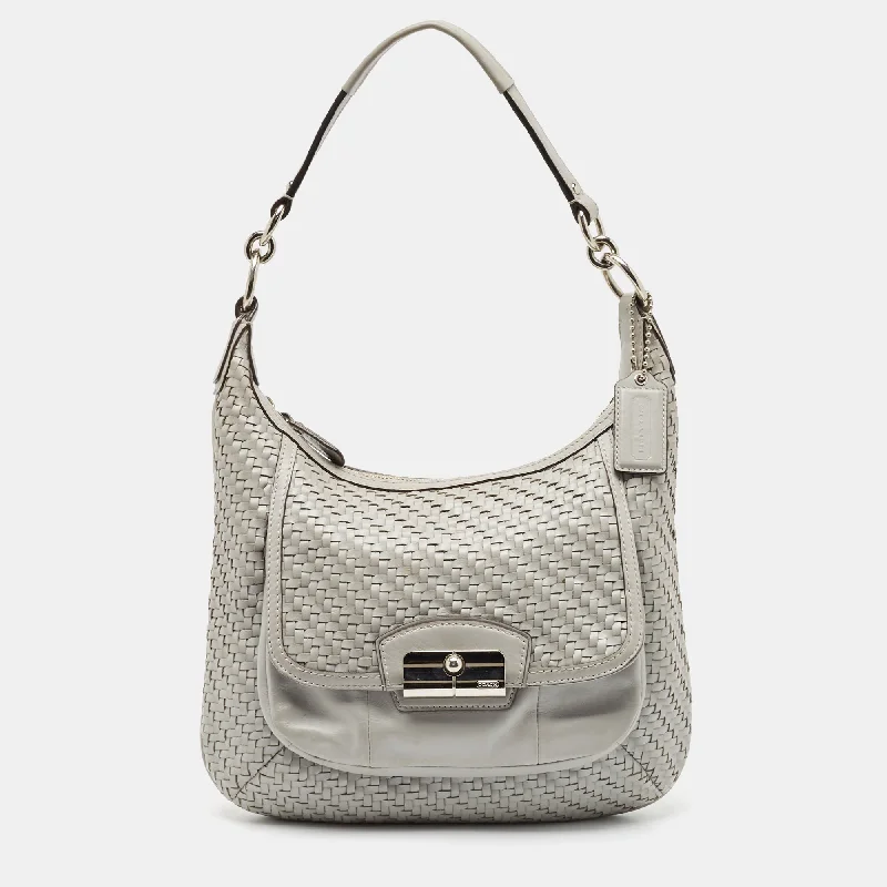 Hobo bag with a detachable pouch for extra storageCoach Grey Woven Leather Kristin Hobo