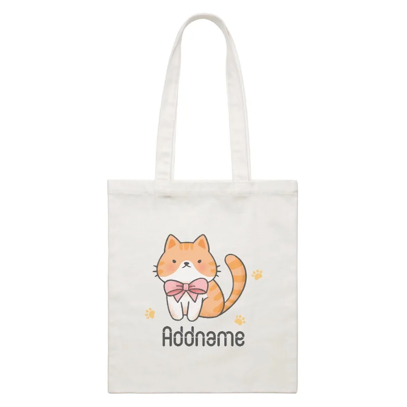 Women's canvas tote bag with a large floral print and leather handlesCute Hand Drawn Style Brown Cat with Ribbon Addname White Canvas Bag