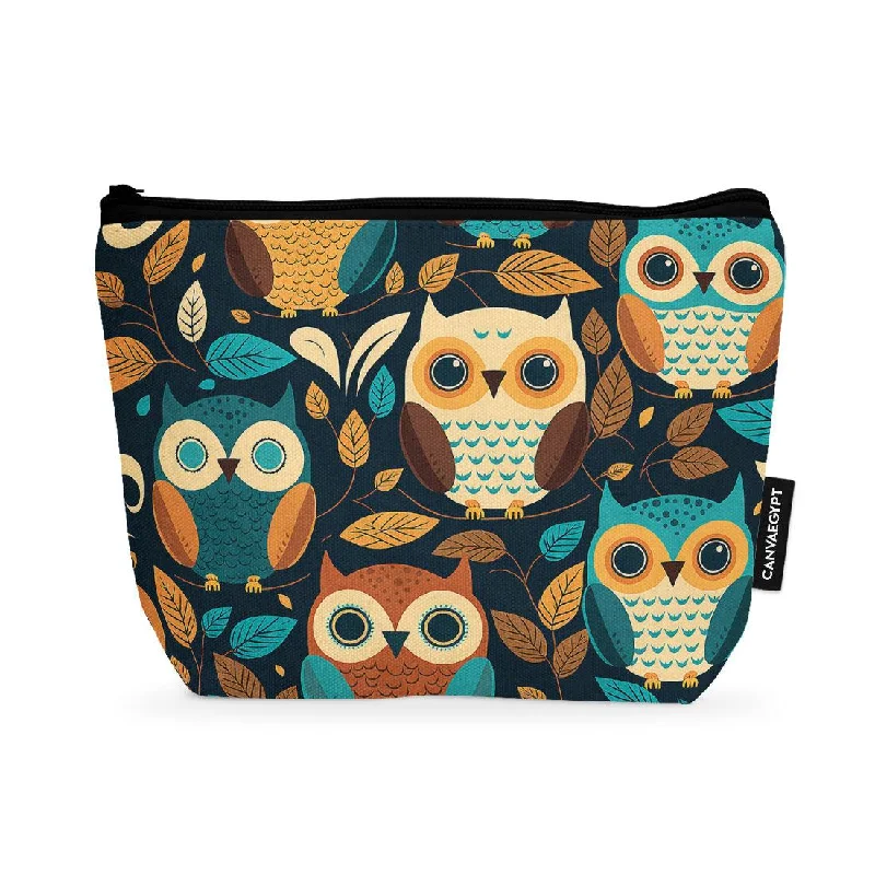 Women's leather makeup bag with a hand-stitched border and gold zippersMakeup Pouch Owl In Woods