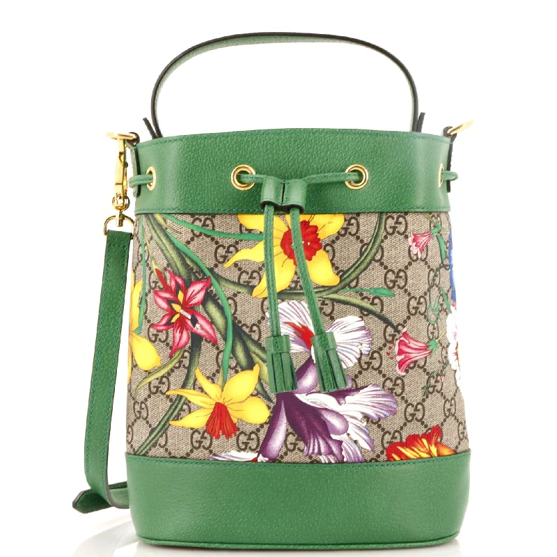 Studded bucket bag with a punk - rock vibeOphidia Bucket Bag Flora GG Coated Canvas and Leather  Small