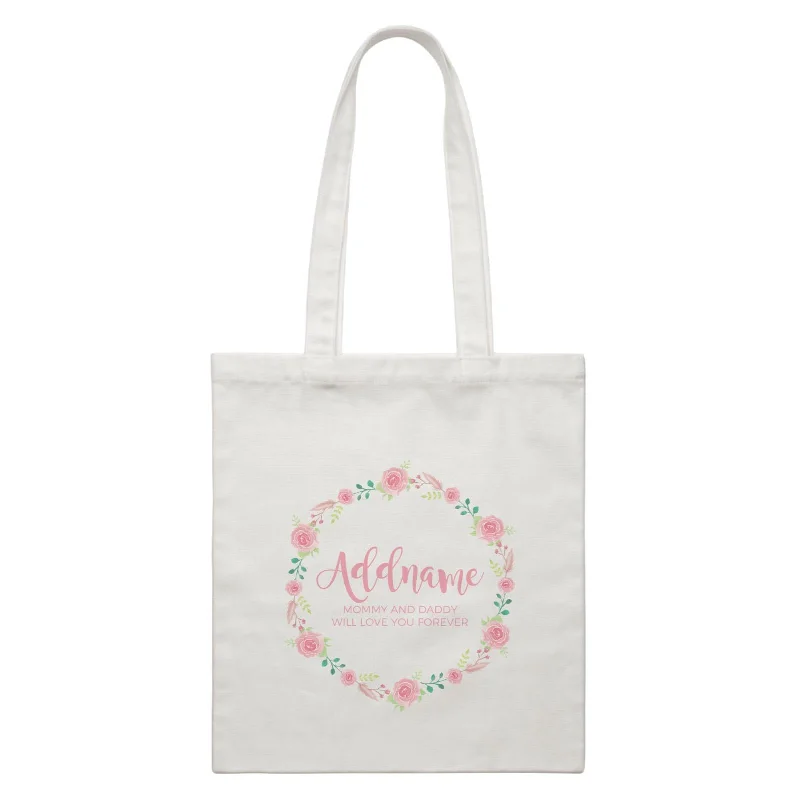 Canvas duffel bag with a drawstring closure and a large capacity for travelPink Roses Wreath Personalizable with Name and Text White Canvas Bag