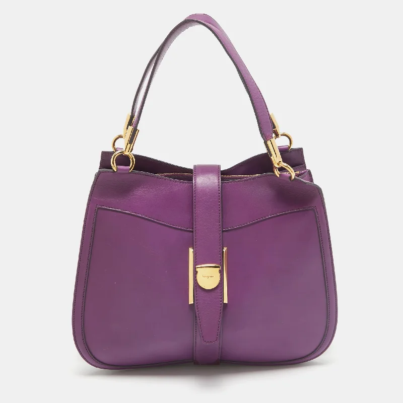 Color - blocked hobo bag with bold and contrasting colorsSalvatore Ferragamo Purple Leather Enny Hobo