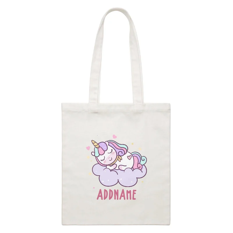 Canvas duffel bag with a drawstring closure and a large capacity for travelUnicorn And Princess Series Cute Pastel Sleeping Unicorn On a Cloud Addname White Canvas Bag