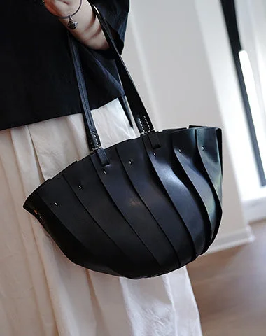 Plus - size bucket bag with a spacious interior for carrying daily essentialsVintage Black Leather Splicing Bucket Handbag Tote Women Handmade Shoulder Tote Bag for Women