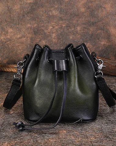 Women's leather bucket bag with a hand - painted floral design for a unique touchVintage Green Leather Womens Bucket Shoulder Bags Bucket Crossbody Purse for Women