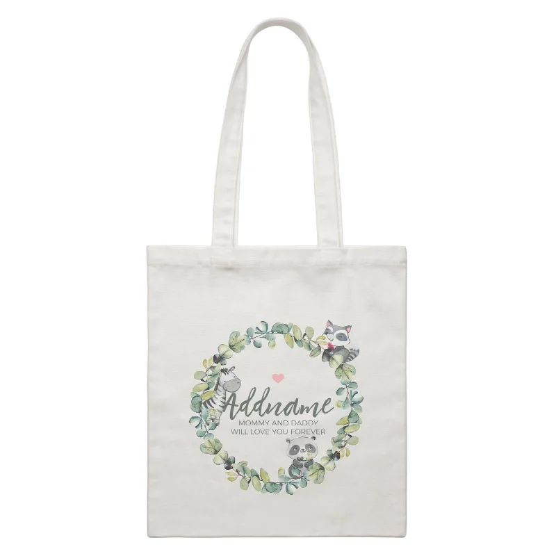 Canvas crossbody bag with a geometric pattern and a zip - up front pocketWatercolour Panda Zebra and Racoon Leaf Wreath Personalizable with Name and Text White Canvas Bag