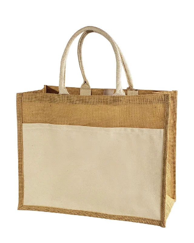 Waterproof nylon tote bag with a roll-top closure for outdoor useEasy-to-Decorate Jute Tote Bags with Canvas Front Pocket - TJ314