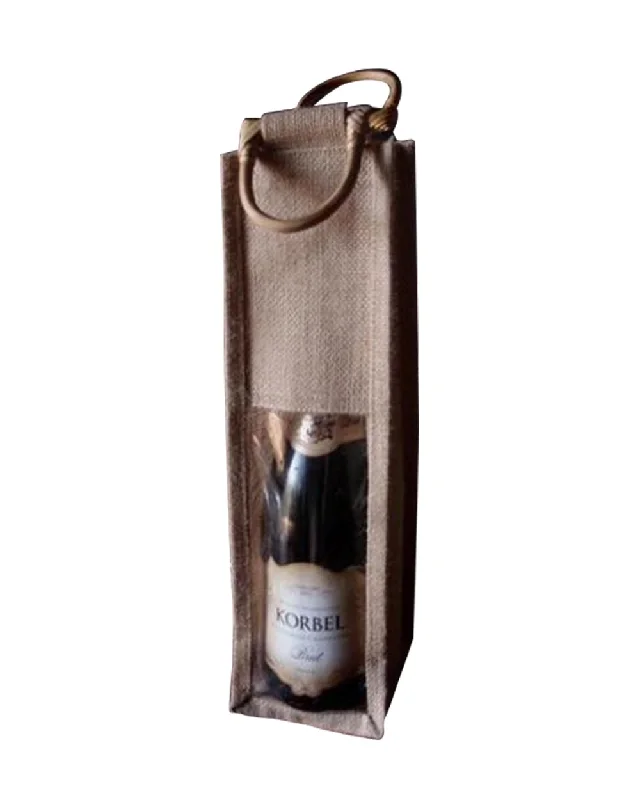 Tote bag with a detachable pouch for easy access to small itemsSingle Bottle Burlap Gift Wine Bags with Wooden Handles & PVC Window  WJ165