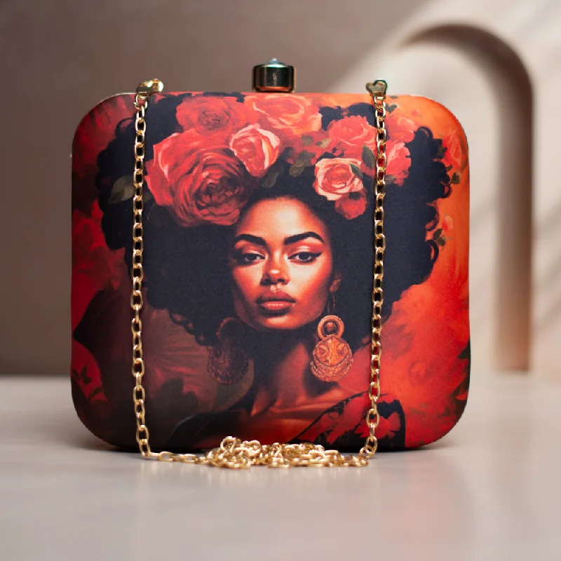 Laser - cut leather evening bag with an intricate patternAfro Women Portrait Printed Clutch