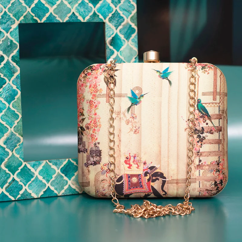 Two - tone clutch with a contrast color lining for added styleAncient Theme Printed Clutch