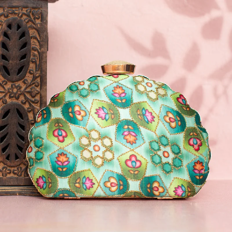 Laser - cut leather evening bag with an intricate patternArtklim Alluring Green Base Clutch With Gorgeous Floral Print