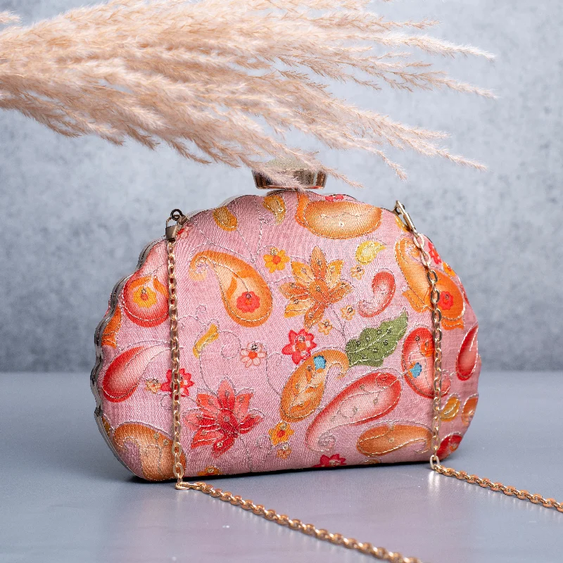 Miniature evening bag with a fold - over clasp for a compact optionArtklim Pink Based Red And Yellow Floral Printed Clutch