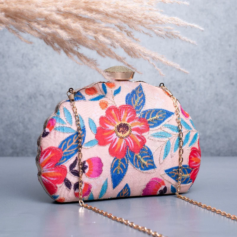 Two - tone clutch with a contrast color lining for added styleArtklim Pink Based Red Floral Printed Golden Zari Embroidery Clutch