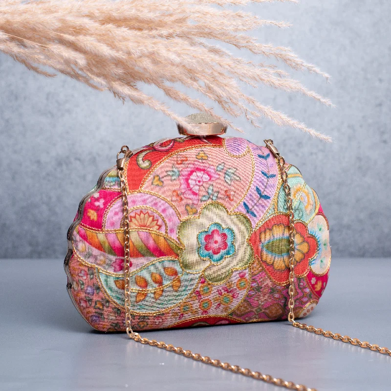 Metallic leather evening bag with a textured finishArtklim Pink Floral Printed Golden Zari Embroidery Clutch