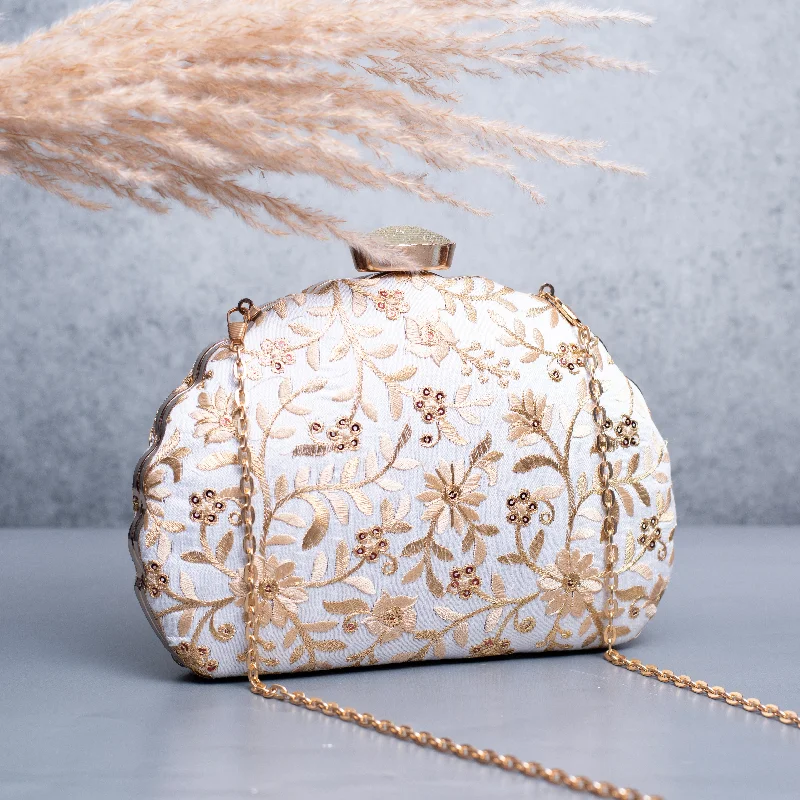 Mother - of - pearl clutch with a delicate sheenArtklim White Based Golden Floral Threadwork Embroidery Clutch