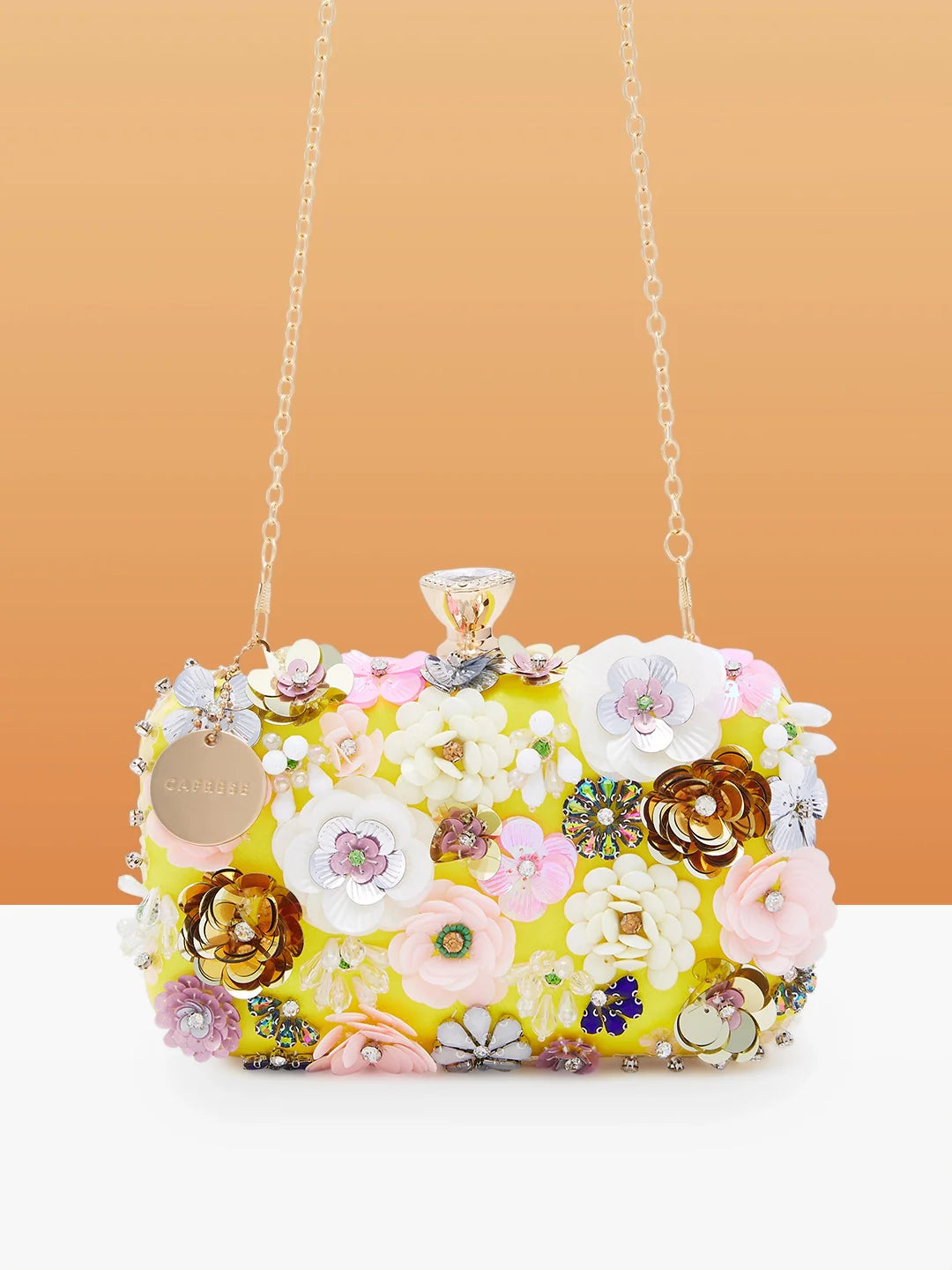 Mother - of - pearl clutch with a delicate sheenCaprese Ava Floral Clutch Box Small Yellow - Stylish Bag for Festive Events