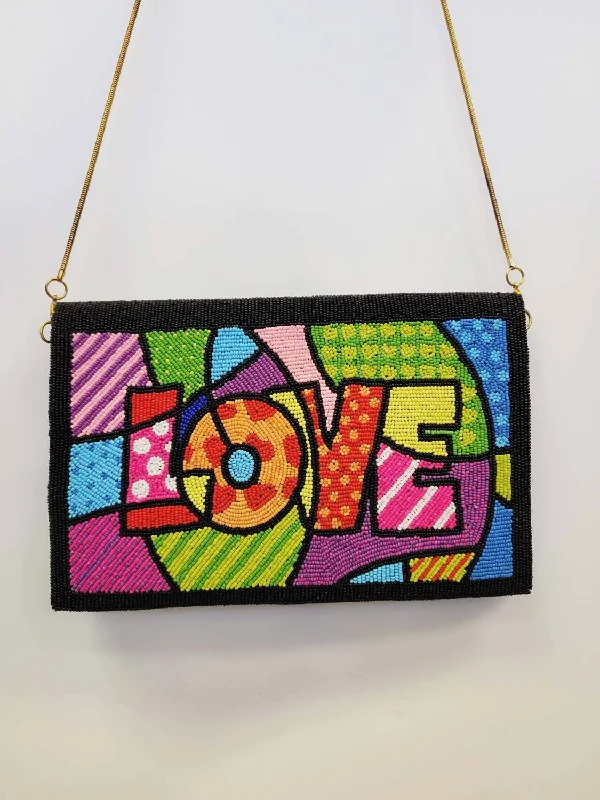 Mother - of - pearl clutch with a delicate sheenBeaded Leather Love Art Clutch In Multi