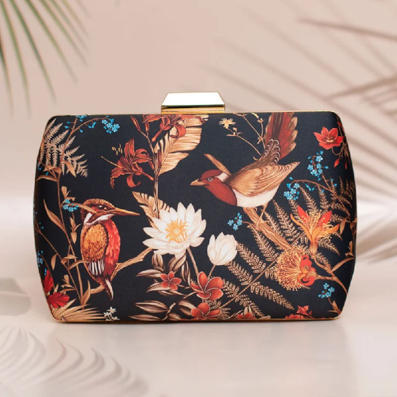 Metallic leather evening bag with a textured finishBlack Birds Island Printed Clutch