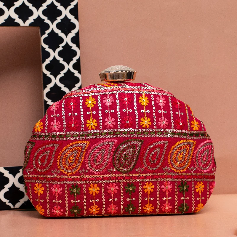 Red Thread And Sequins Embroidery Clutch