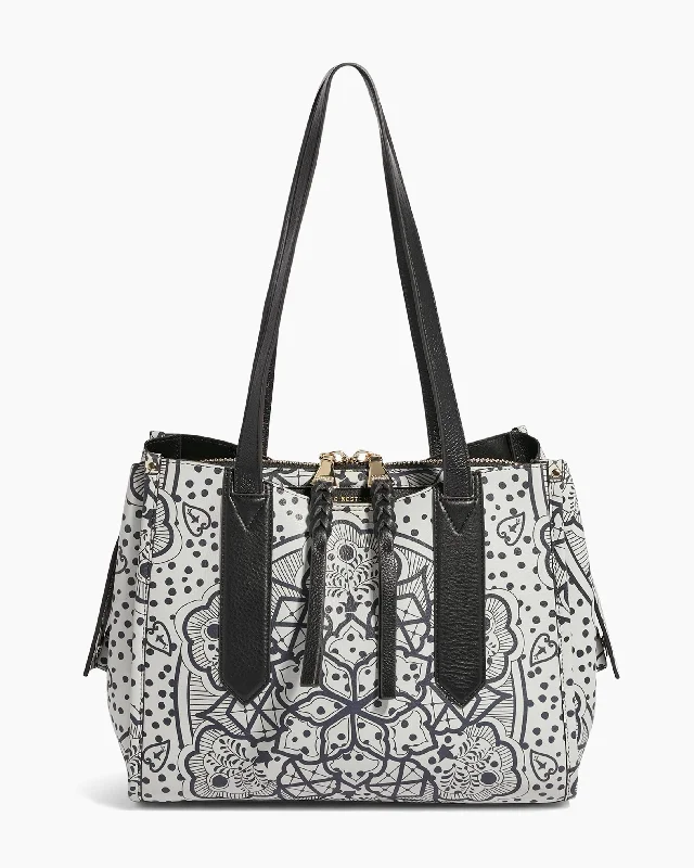 Embroidered silk handle bag with intricate peacock motifs for a touch of luxuryBusy Bee Double Sided Satchel