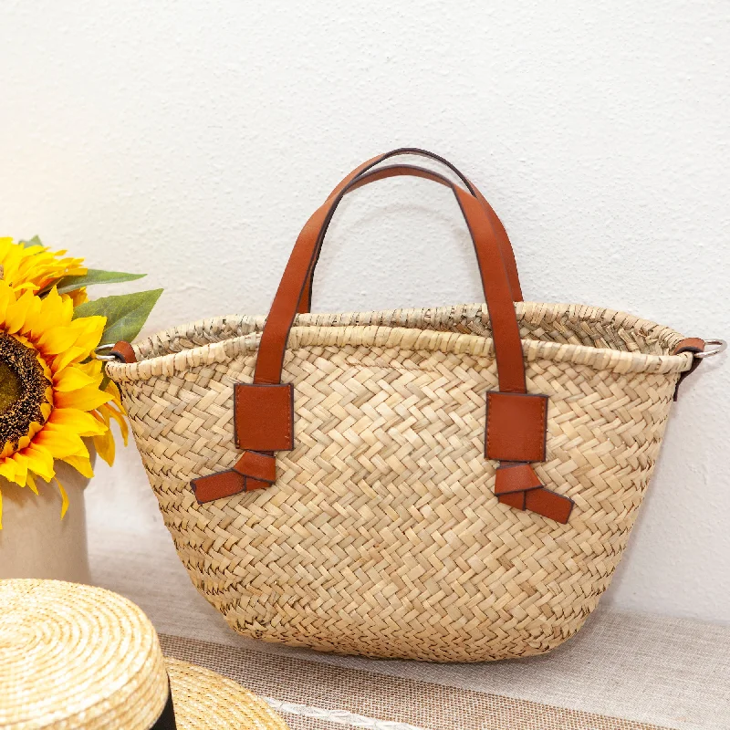 Handle bag with multiple interior compartments and a zippered pocket for organizationElena Handbags Handmade Rattan Basket Tote Bag