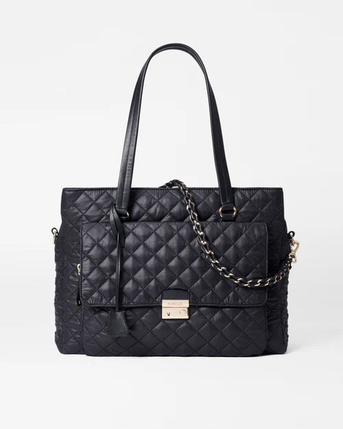 Leatherette handle bag with a quilted diamond pattern and a magnetic snap closureCrosby Lock Tote Black