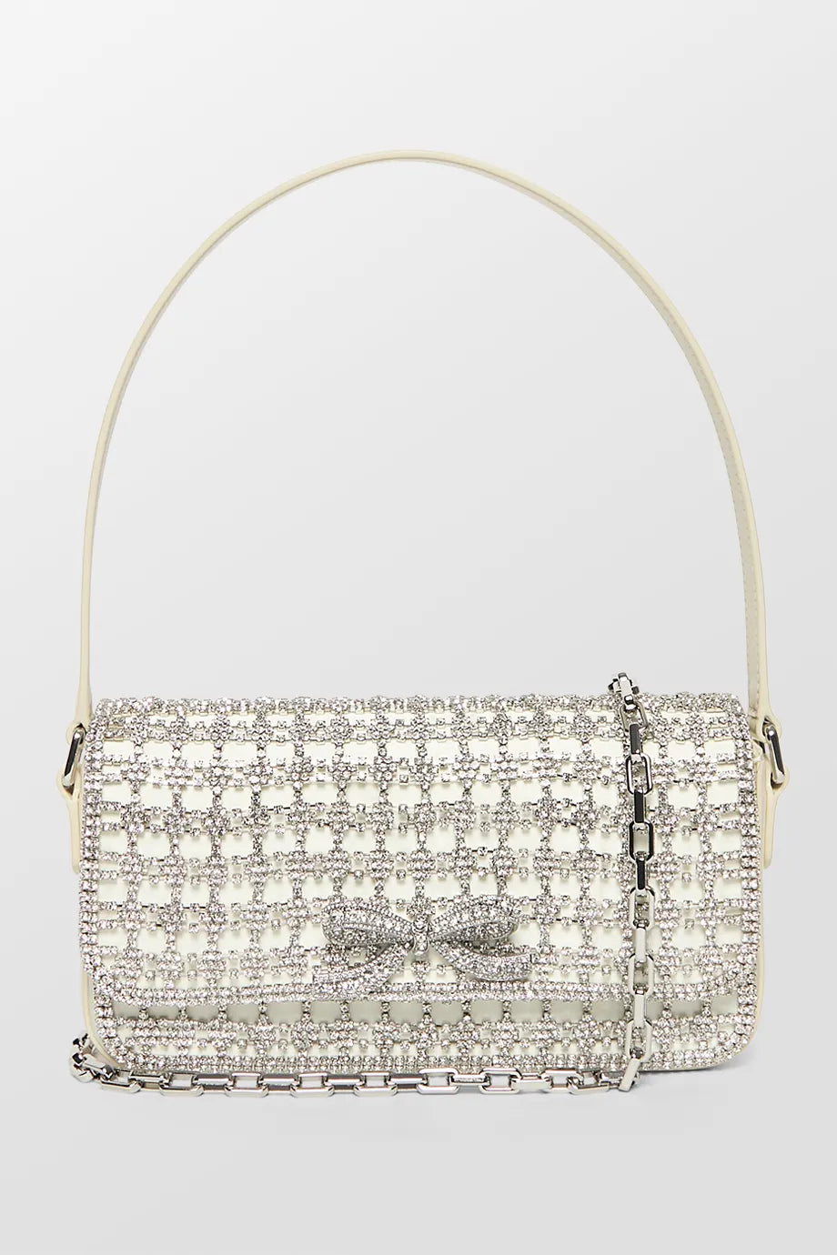 Leatherette handle bag with a quilted diamond pattern and a magnetic snap closureCrystal Bow Baguette Bag