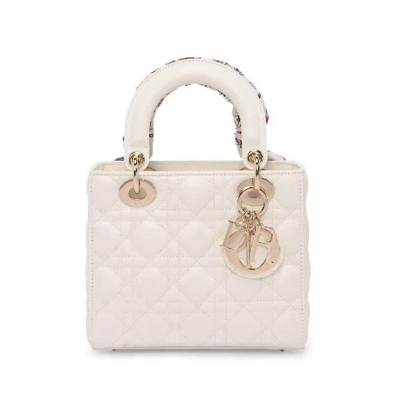 Vintage - style leather handle bag with a structured silhouette and a tassel charmDior White Lambskin Cannage My ABCDior Small Lady Dior Bag