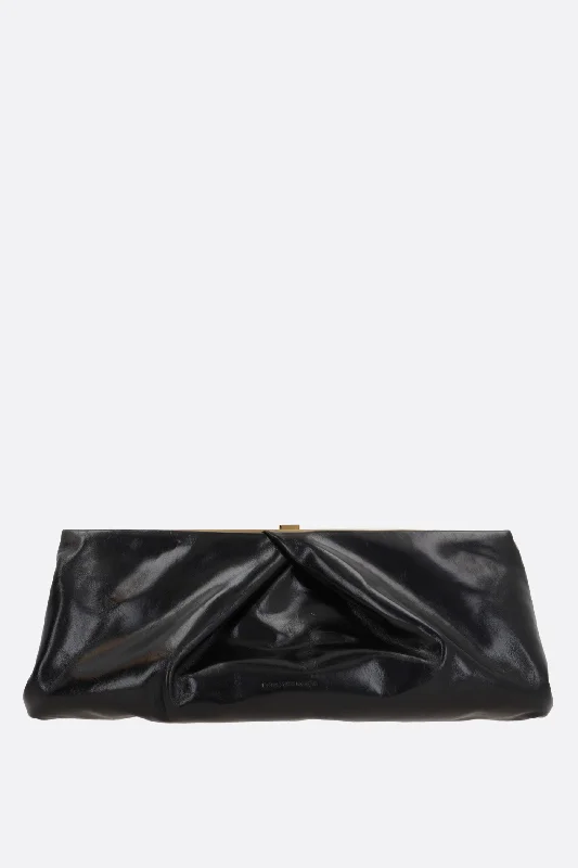 Leather evening bag with a gold - plated chain strap for a sophisticated lookshiny leather clutch with draped details