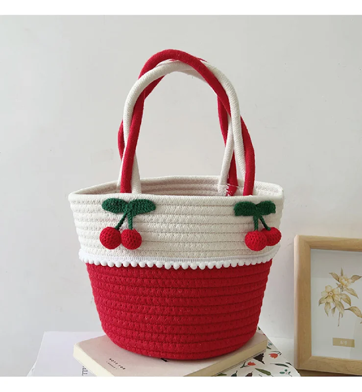 Handle bag with a detachable charm or keychain for personalizationElena Handbags Knit Cherry Basket Bag