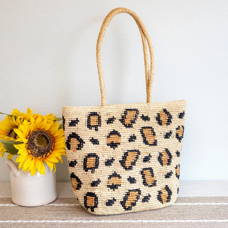 Handle bag with a detachable charm or keychain for personalizationElena Handbags Leopard Design Raffia Summer Tote Bag