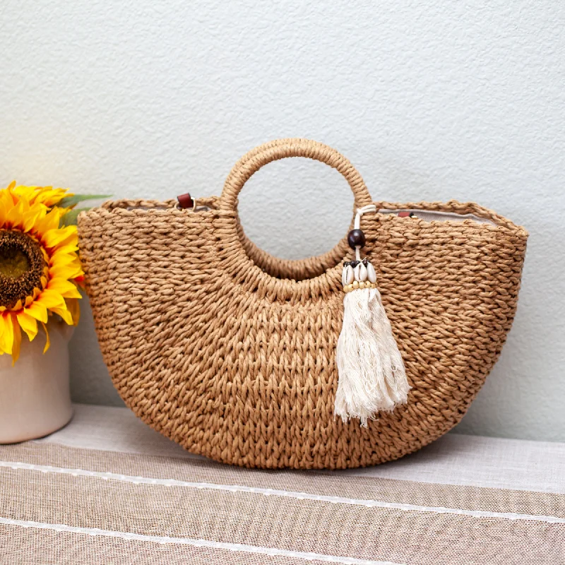 Handle bag with a tassel or fringe detail for a bohemian and free - spirited styleElena Handbags Summer Beach Straw Basket with Tassle