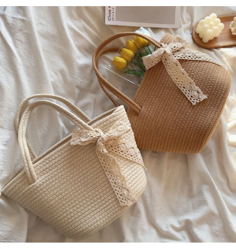 Handle bag with a hidden anti - theft pocket and RFID - blocking liningElena Handbags Woven Cotton Basket Bag