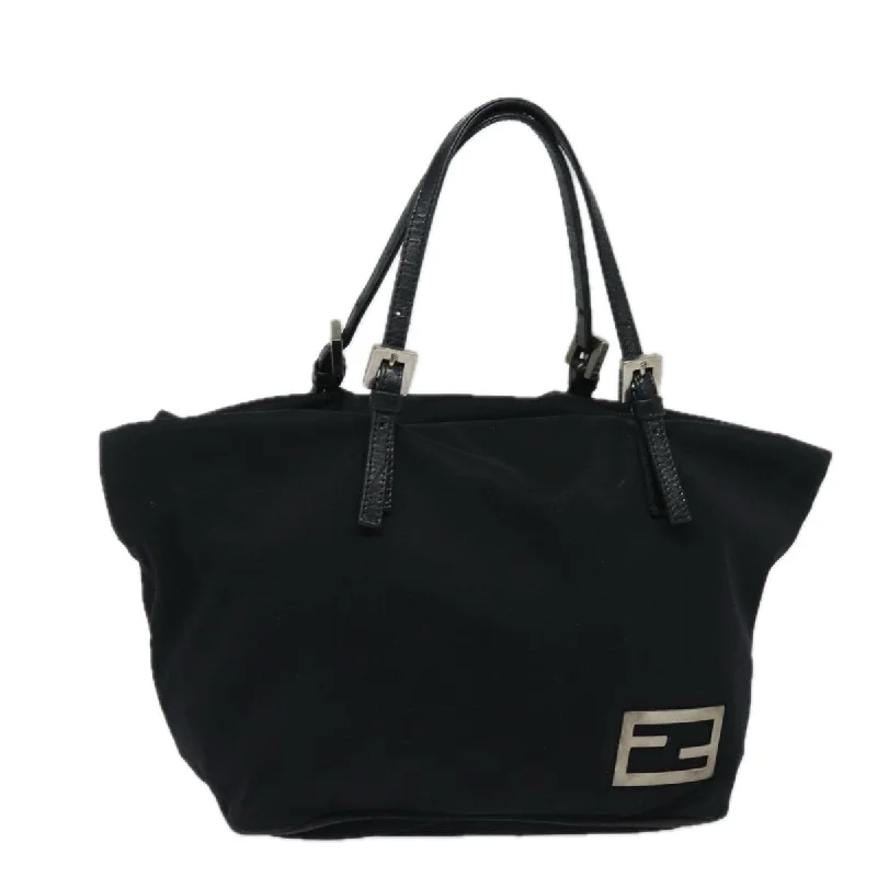 Laser - cut leather handle bag with a geometric pattern for a modern and edgy lookBlack nylon top handle bag