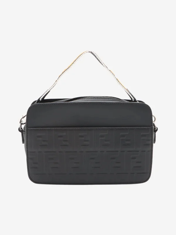 Color - blocked handle bag with a combination of bright and neutral colorsBlack Zucca embossed leather bag