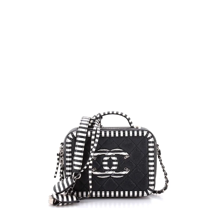 Satchel with a hidden anti-theft pocket for securityFiligree Vanity Case Quilted Caviar with Striped Leather Small