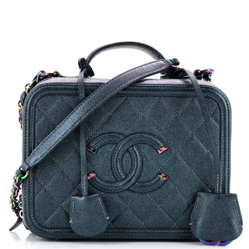 Satchel with a detachable strap for easy customizationFiligree Vanity Case Quilted Iridescent Caviar Medium