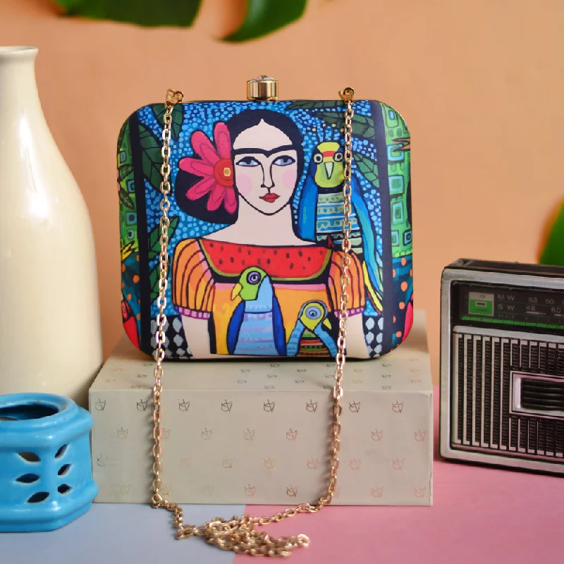 Laser - cut leather evening bag with an intricate patternFrida Kahlo Printed Clutch