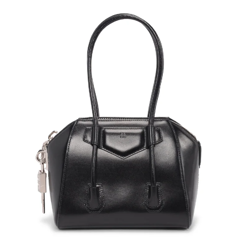 Vintage - style leather handle bag with a structured silhouette and a tassel charmGivenchy Black Shiny Lord Mini Antigona Lock Bag