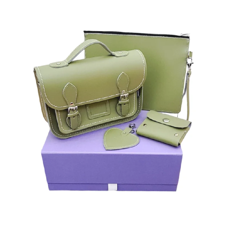 Embroidered satchel with intricate beadwork for a unique touchHandmade Leather Midi Collection Gift Set - Sage - Green