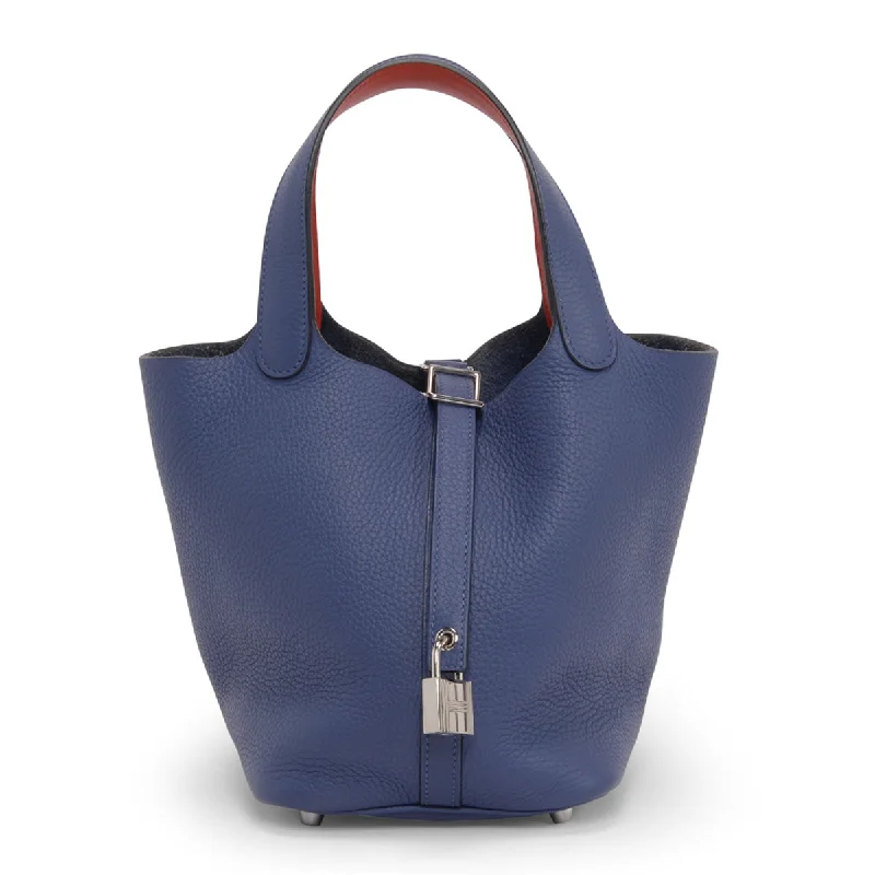 Handle bag with a detachable charm or keychain for personalizationHermes Bleu Brighton & Capucine Clemence Picotin Lock 18