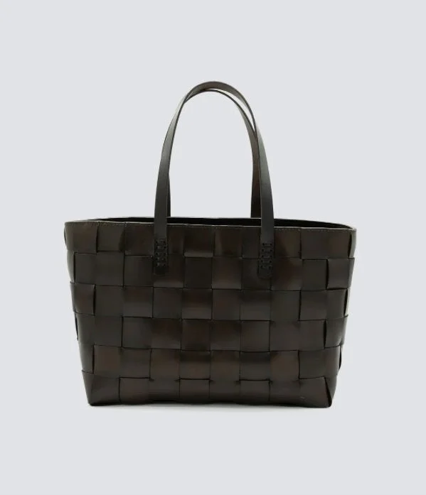 Leatherette handle bag with a quilted diamond pattern and a magnetic snap closureJapan Tote Dark Brown