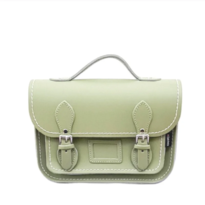 Vintage-inspired satchel with a brass buckle and leather tasselsLeather Midi Satchel -  Sage -Green