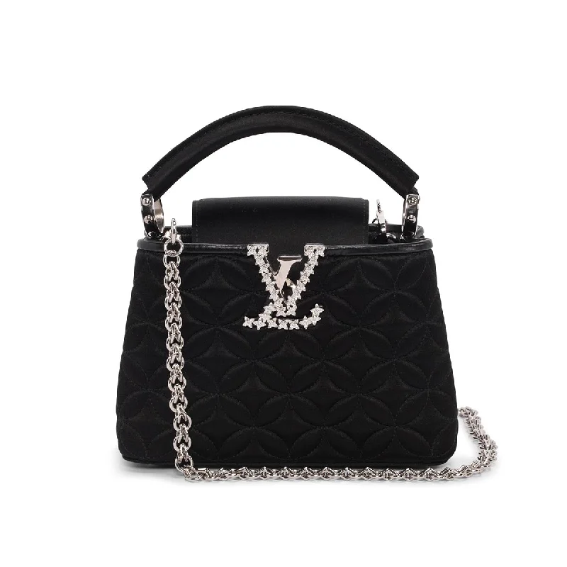 Faux fur - trimmed handle bag for a cozy and stylish winter accessoryLouis Vuitton Black Satin Flower Embossed Mini Capucines