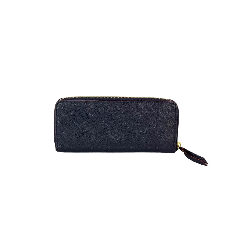 Leather evening bag with a gold - plated chain strap for a sophisticated lookLOUIS VUITTON Clemence Empreinte Leather Blue Wallet Clutch